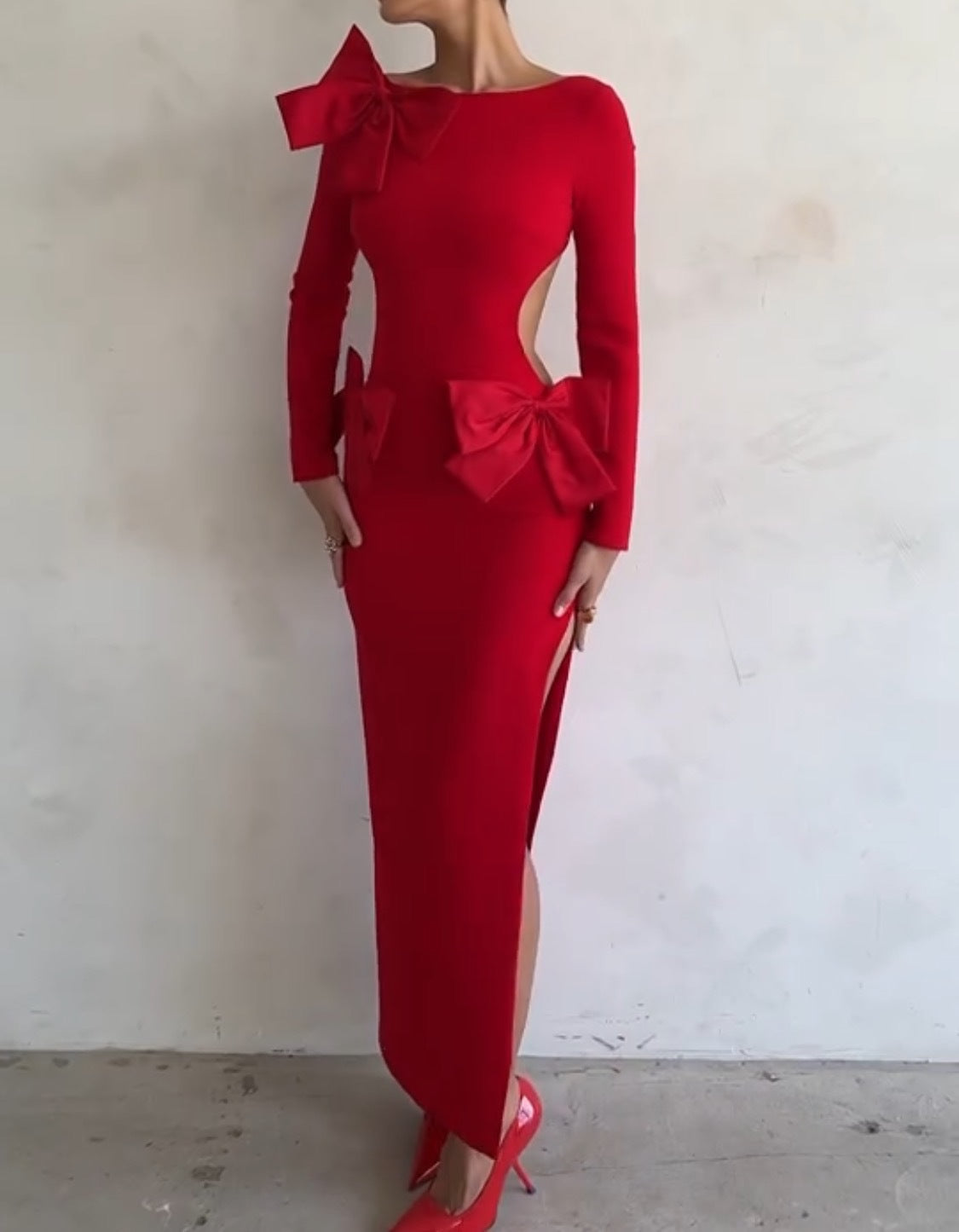 Bow-Detail Waist-Cutout Bodycon Dress