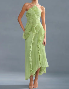 Ruched Ruffle Chiffon Midi Dress