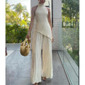 Asymmetric Halter Top and Pleated Satin-Finish Pants Set
