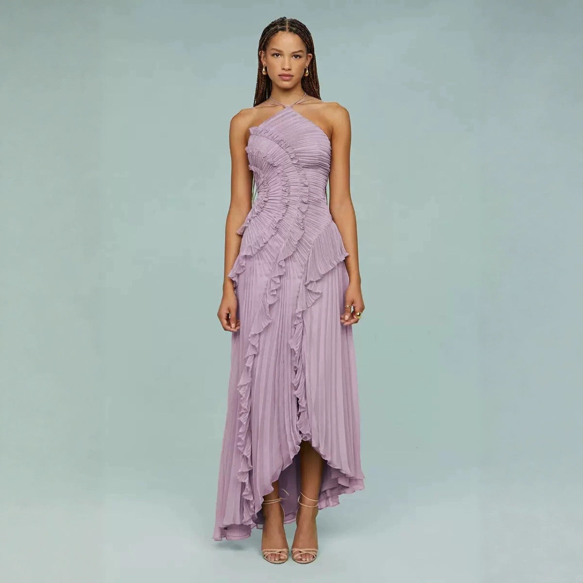 Ruched Ruffle Chiffon Midi Dress