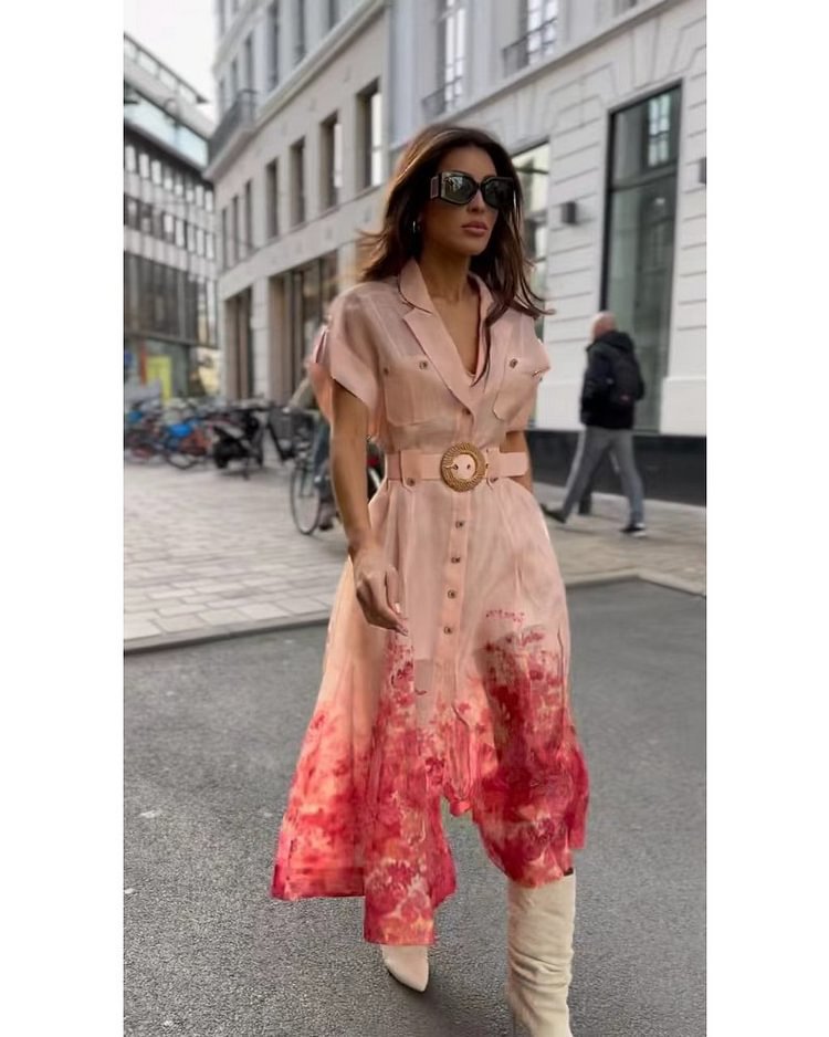 Pink Printed Collared Dress