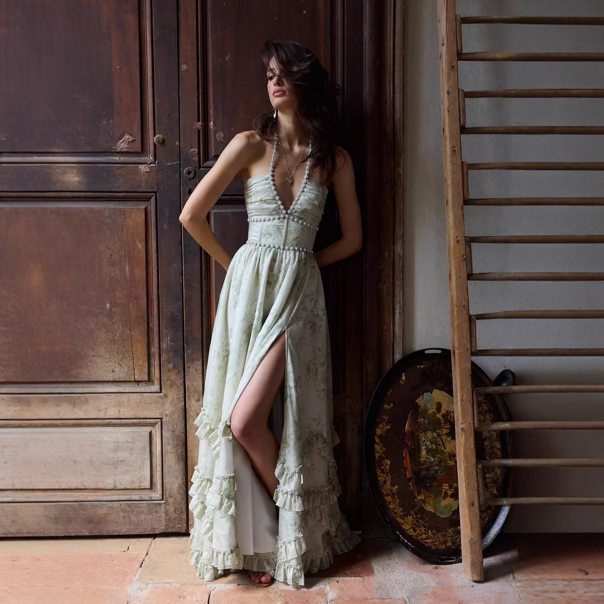 Printed Fitted-Bodice Cami Maxi Dress with Full Skirt
