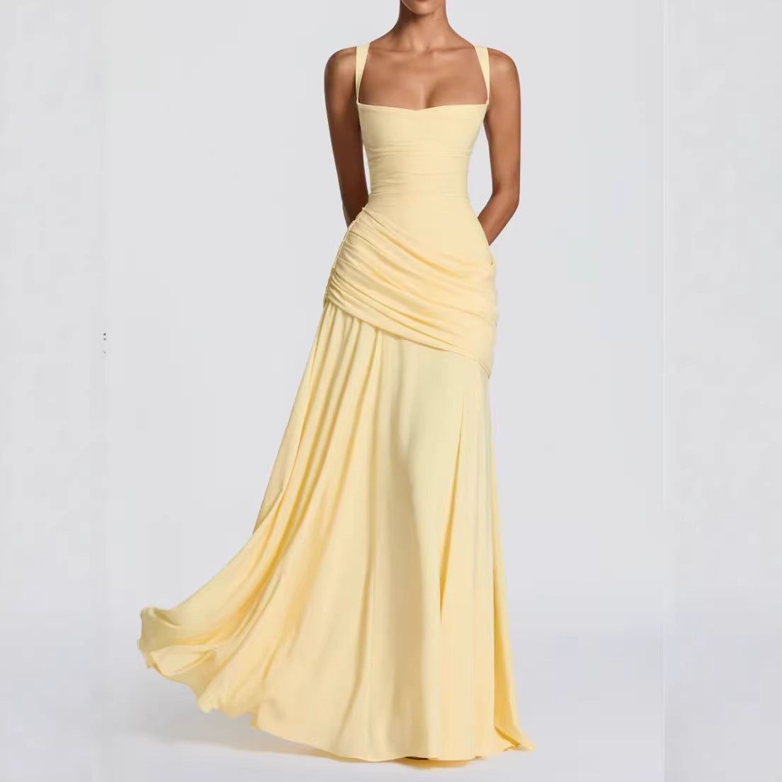 Square-Neck Ruched-Waist Maxi Dress
