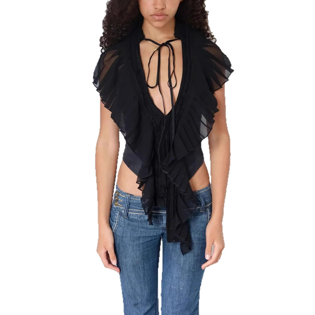Black Tie-Neck Ruffle Top
