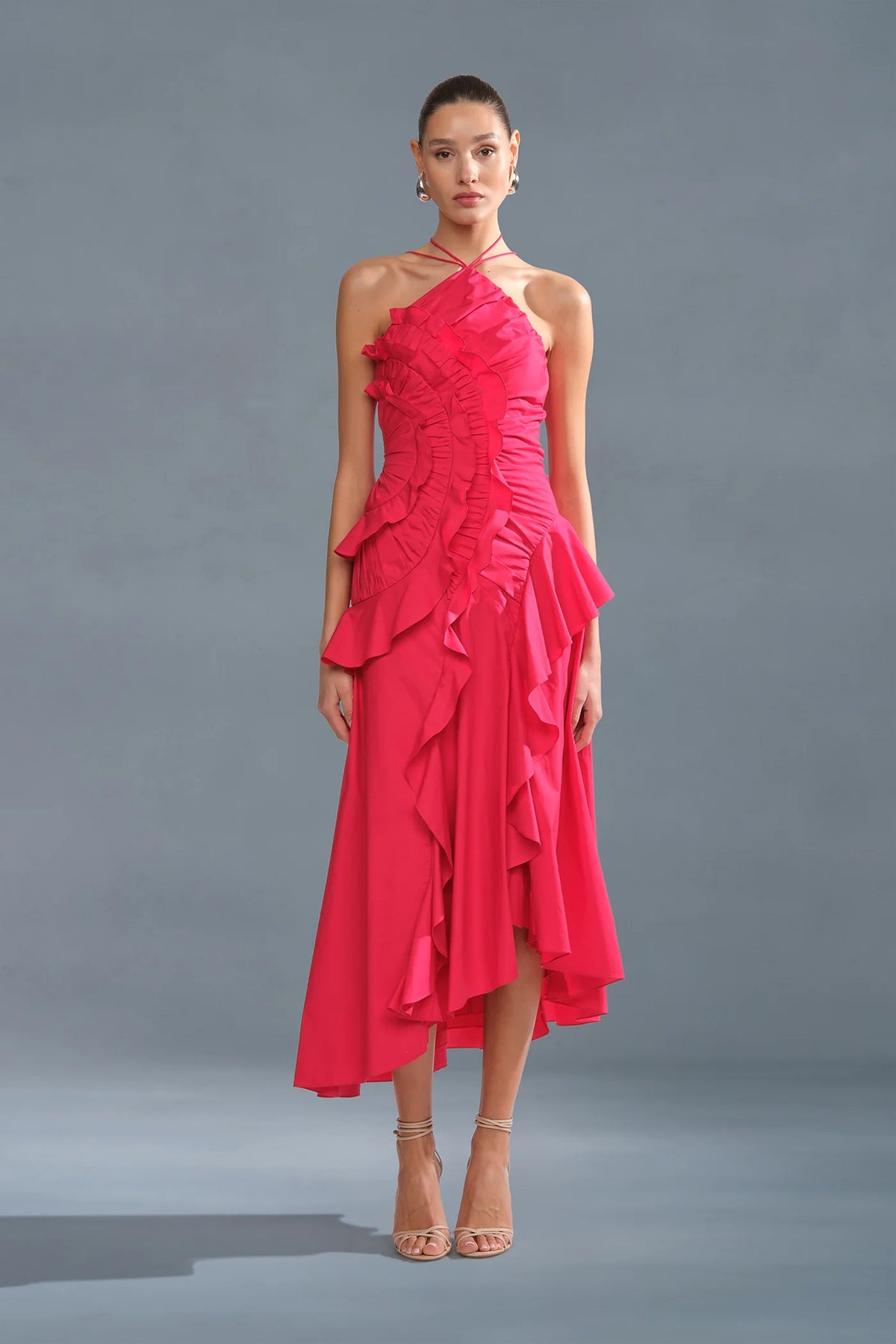 Ruched Ruffle Chiffon Midi Dress