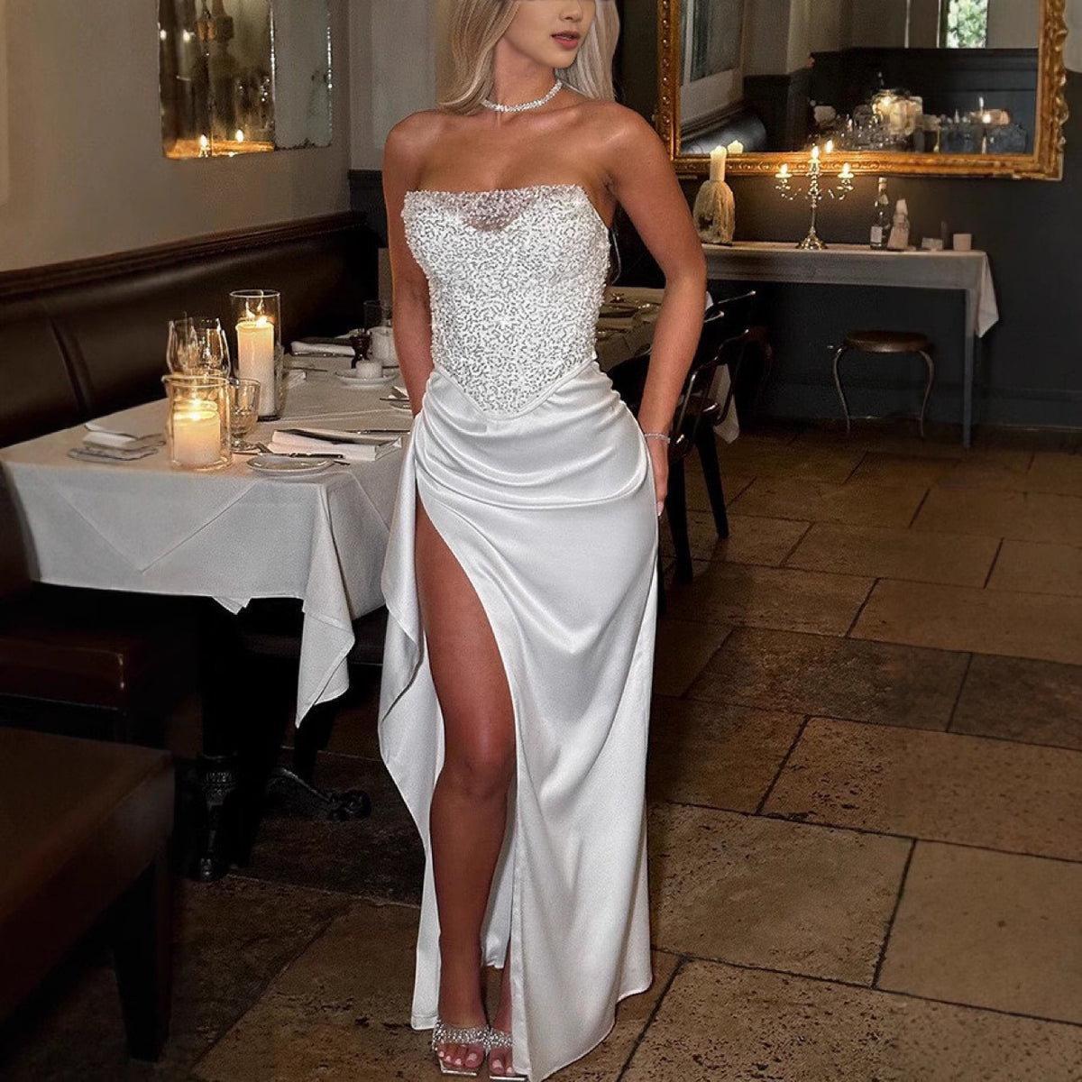 Sequin Bandeau Top and High-Waisted Slit Skirt Set