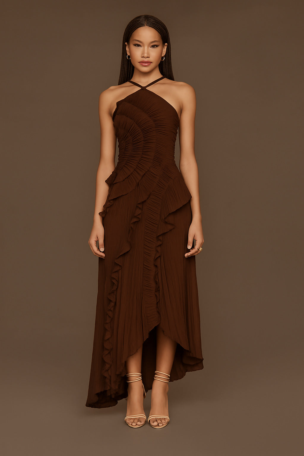 Ruched Ruffle Chiffon Midi Dress
