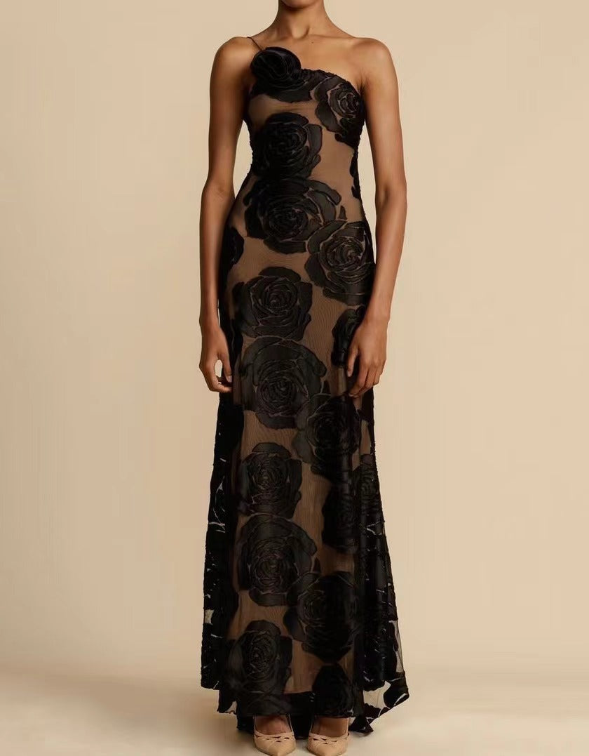 Black Sheer Open-Back Strappy Maxi Dress
