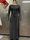 Rhinestone-Detail Fitted Maxi Dress with Slit