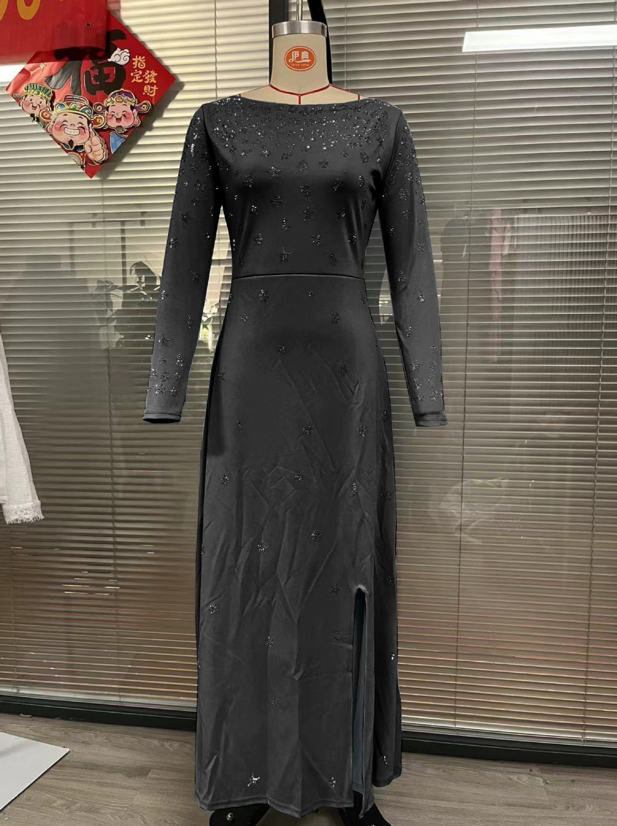Rhinestone-Detail Fitted Maxi Dress with Slit