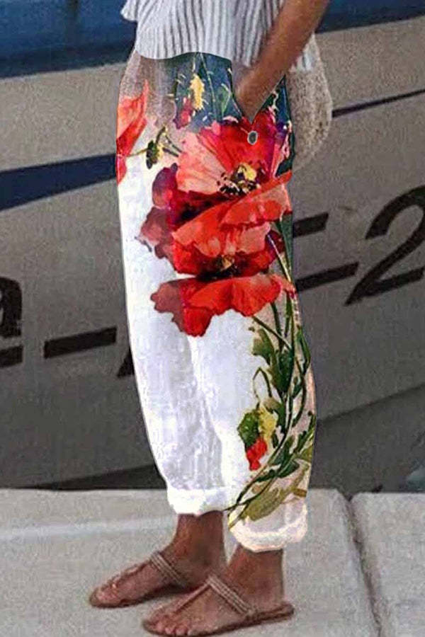 Plus-Size Printed Cotton-Linen Trousers