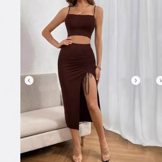 Cropped Top and Slit Skirt Set