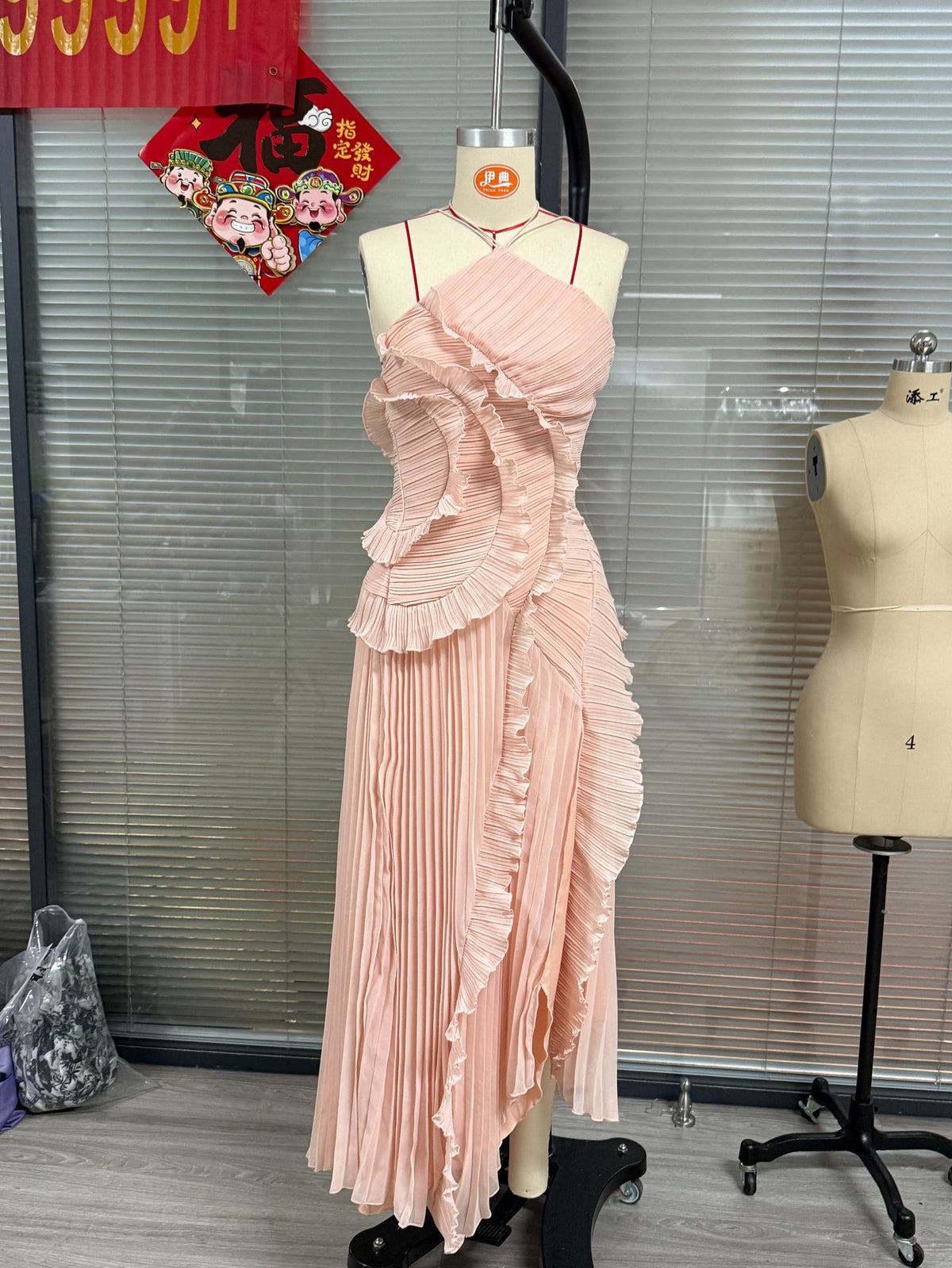 Ruched Ruffle Chiffon Midi Dress