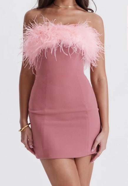 Off-Shoulder Feather-Detail Mini Dress