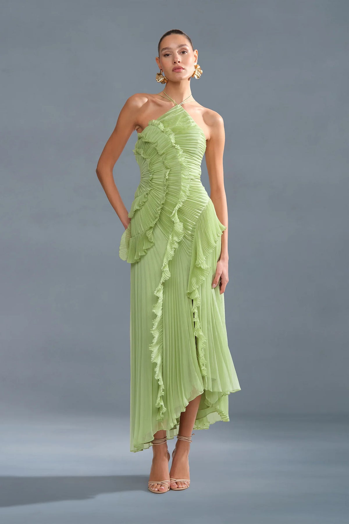 Ruched Ruffle Chiffon Midi Dress
