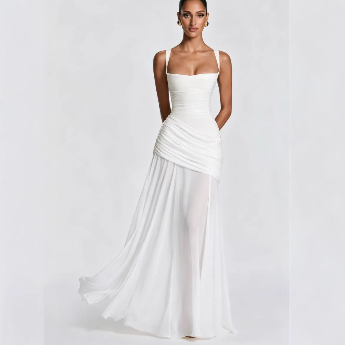 Square-Neck Ruched-Waist Maxi Dress