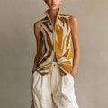 Chic Vintage Yellow-White Colorblock Jacquard Stand-Collar Sleeveless Zipper-Front Knit Vest_Yellow