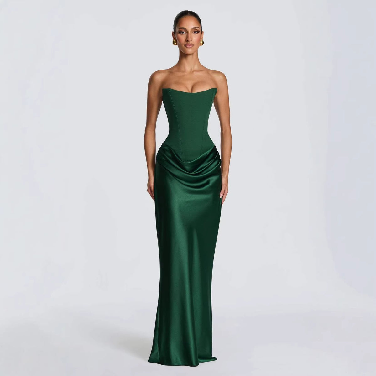 Strapless Ruched Satin Corset Dress with Ribbon Details