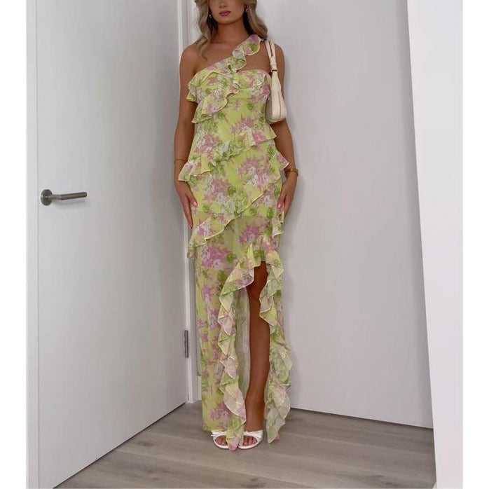 2024ss sexy diagonal shoulder print dress