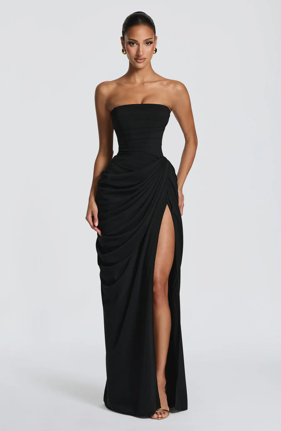Strapless Ruched Slit Maxi Dress