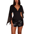 Black Deep-V Chiffon Flutter-Sleeve Corset Top