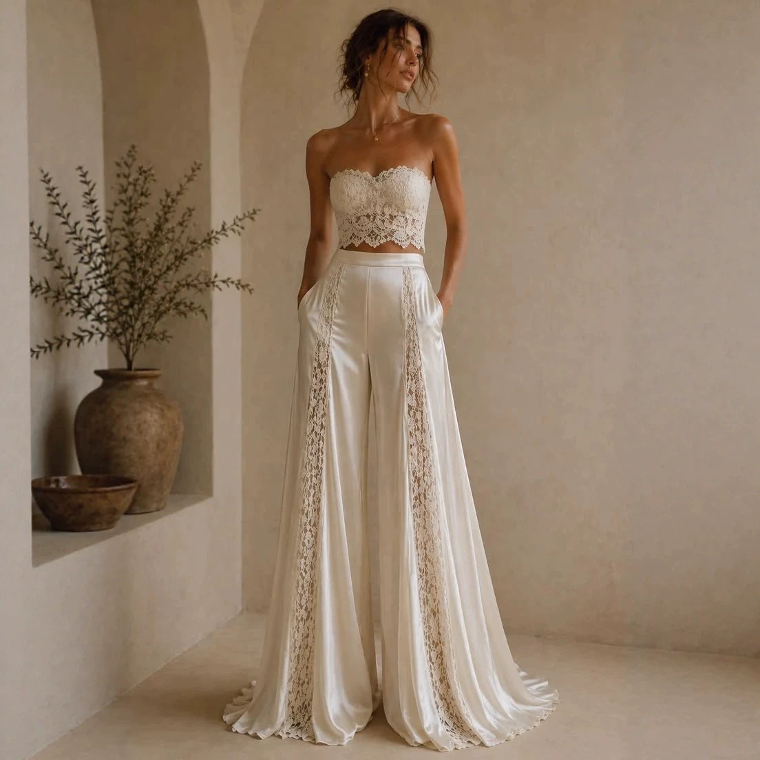 Lace Bandeau Crop Top And Wide-Leg Palazzo Pants Set