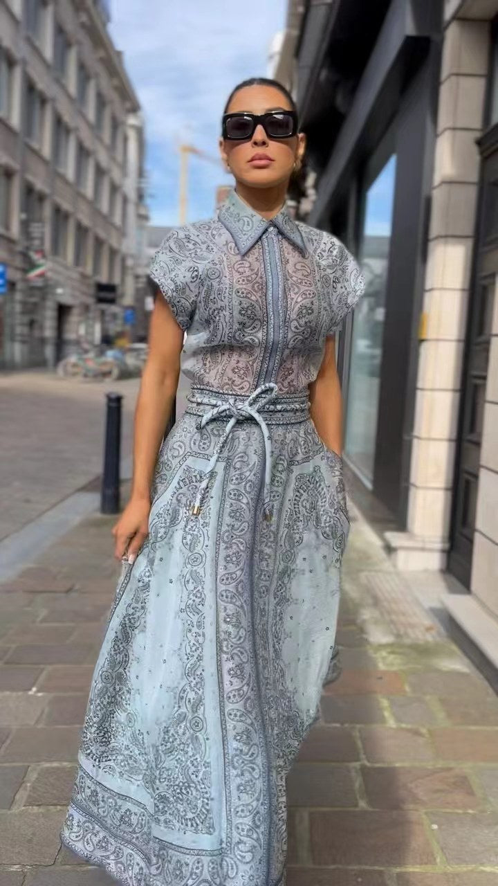 Placement-Print Shirt and Tie-Waist Maxi Skirt Set