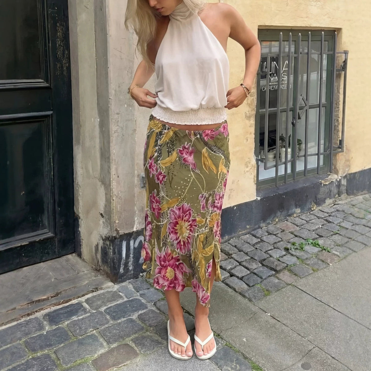 Green Floral-Print Midi Skirt with Slit