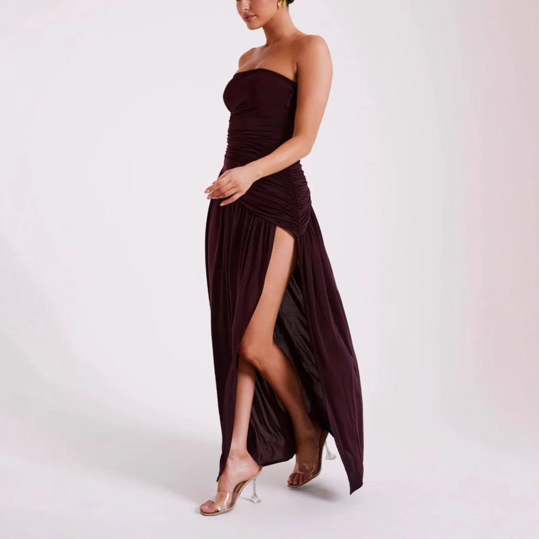 Asymmetric Ruched A-Line Maxi Dress with Slit