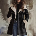 Brown Contrast-Trim Zip Coat with Faux-Fur Collar