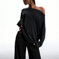 Off-Shoulder Lace-Panel Long-Sleeve Top with Draped Back