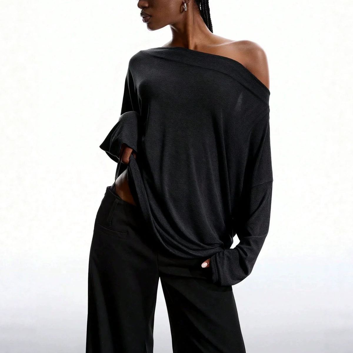 Off-Shoulder Lace-Panel Long-Sleeve Top with Draped Back