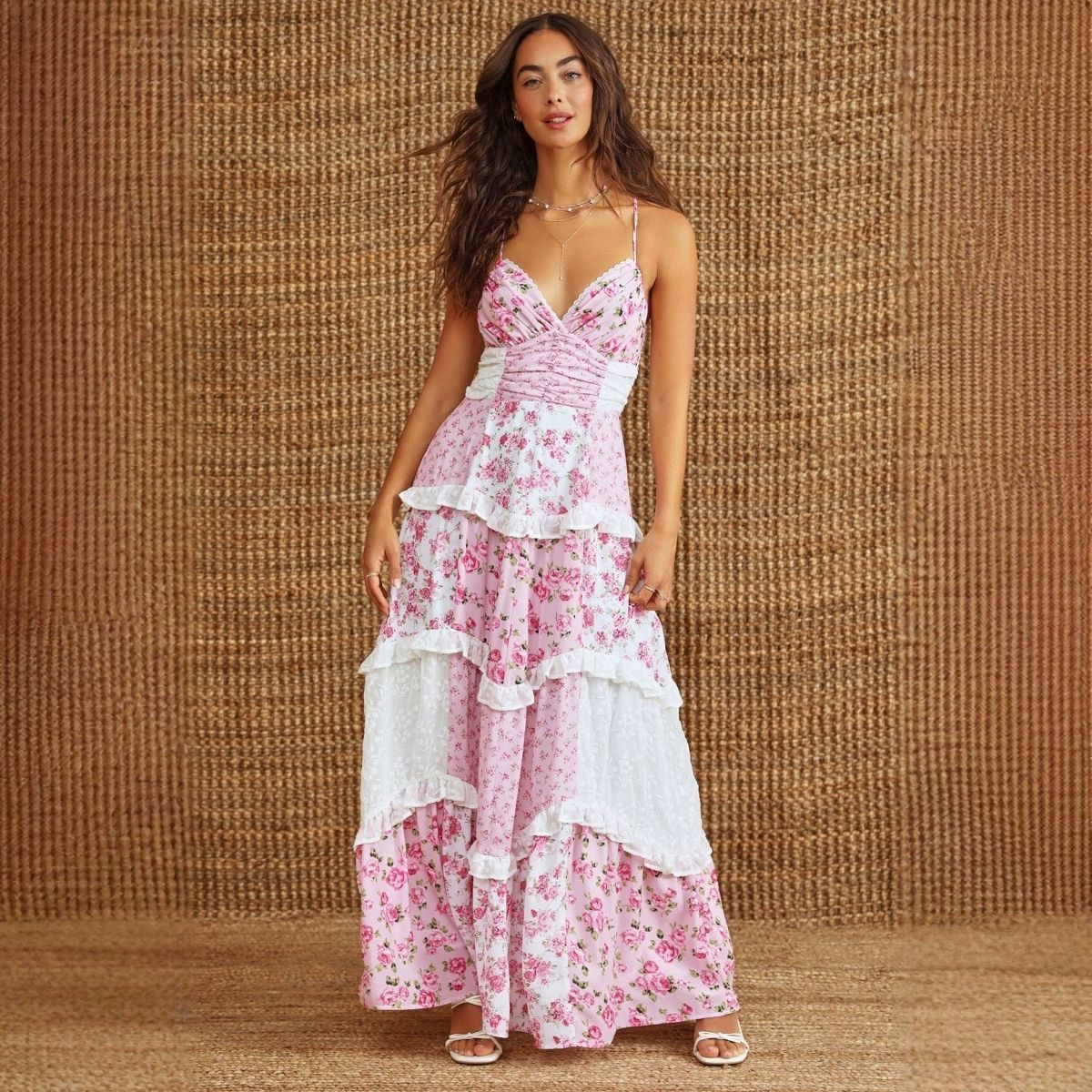 Floral Deep-V Strappy Ruffle Dress