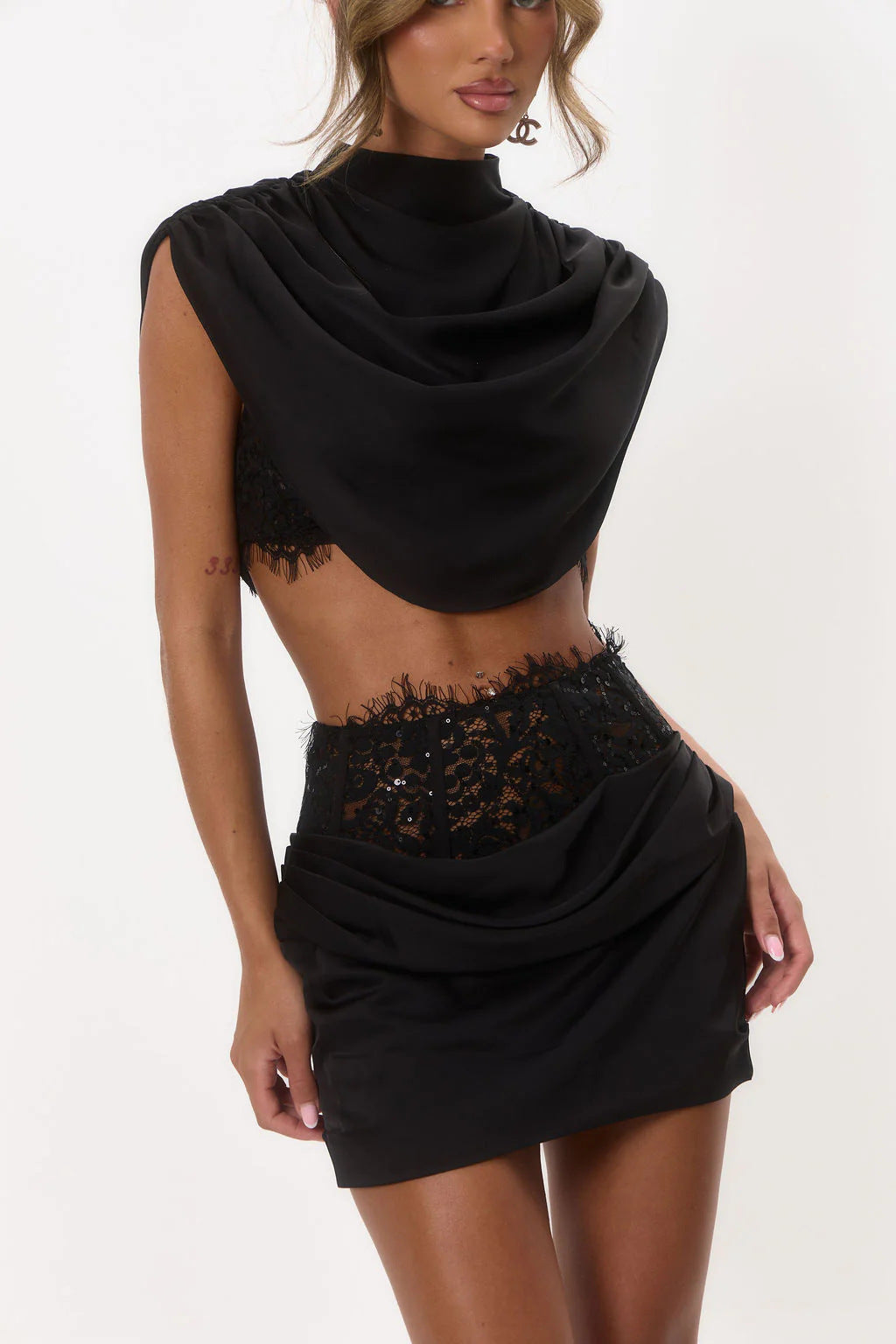 High-Neck Satin and Lace Two-Piece Set