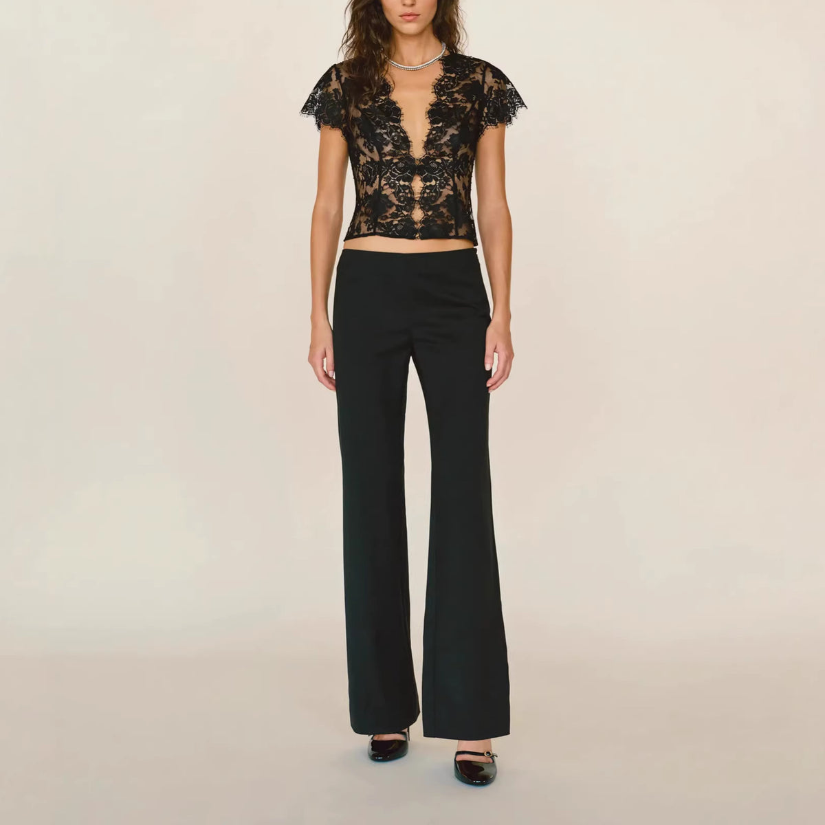 Deep-V Sheer Lace Short-Sleeve Crop Top