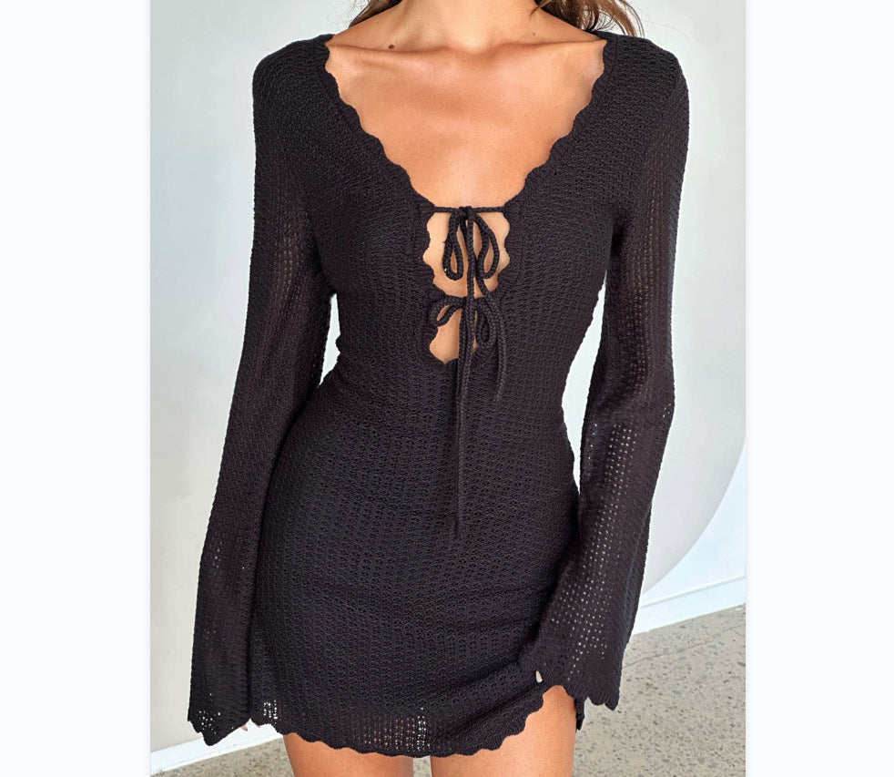 Long-Sleeve Tie-Detail Knit Mini Dress