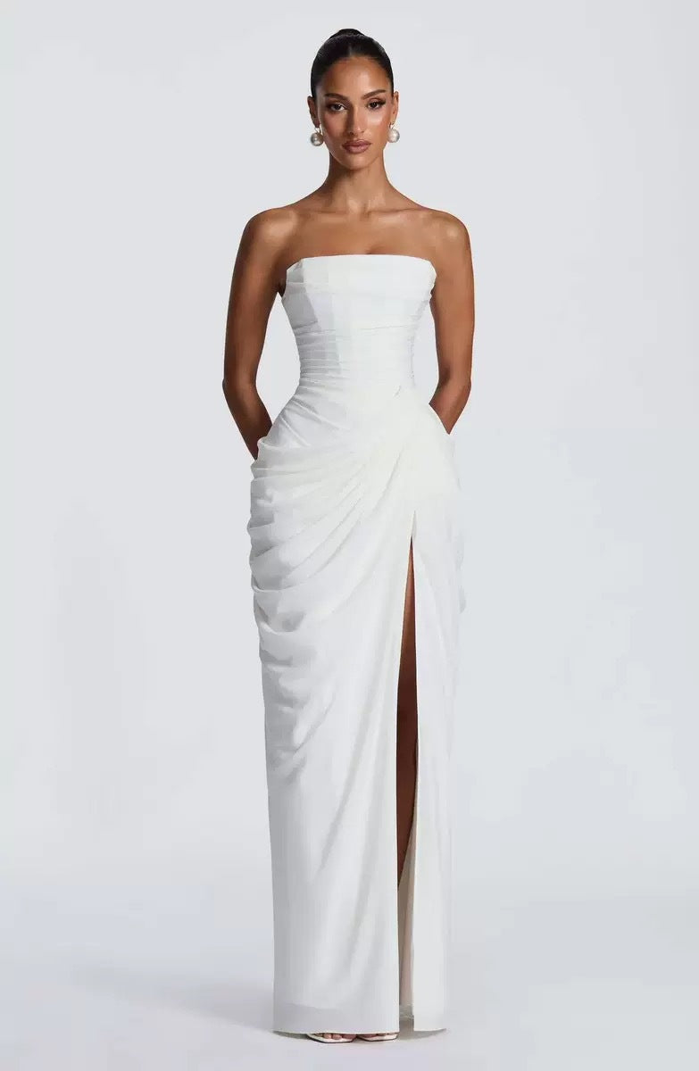 Strapless Ruched Slit Maxi Dress