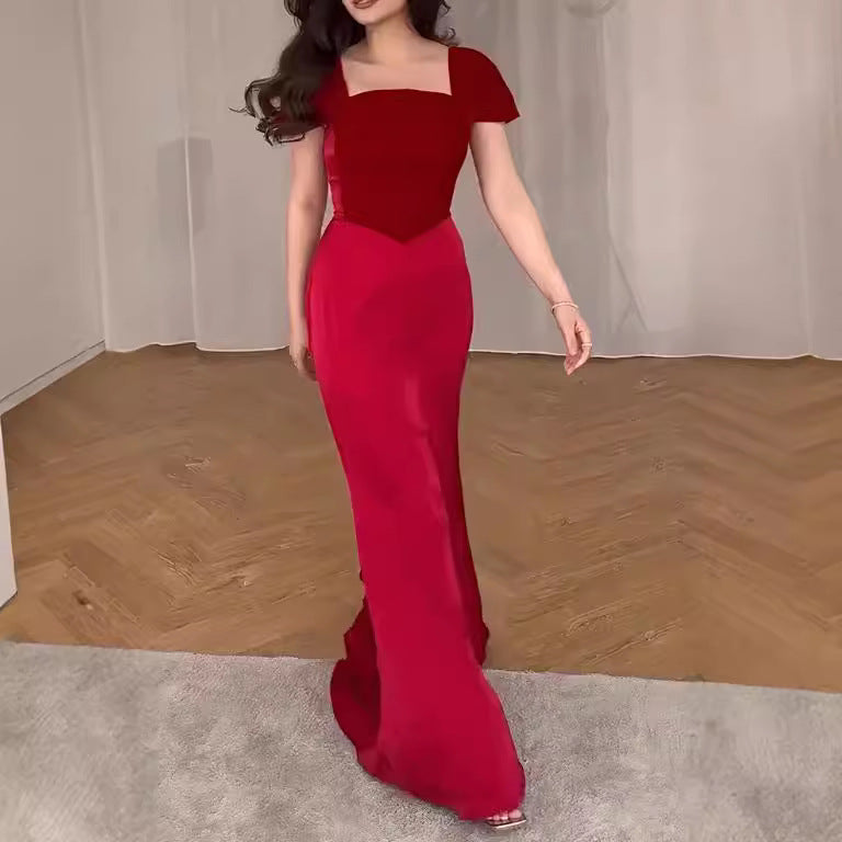 Short-Sleeve Low-Neck Fitted Maxi Dress