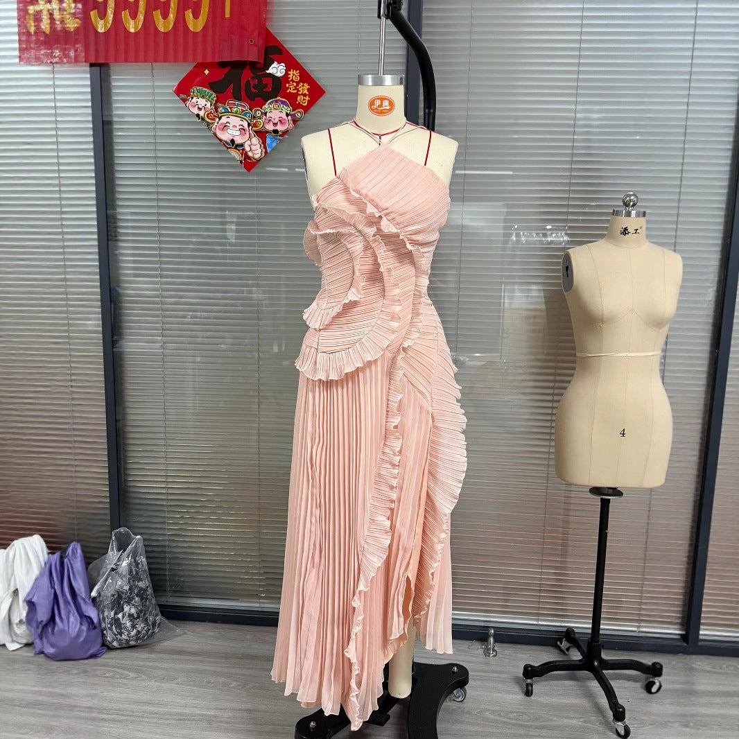 Ruched Ruffle Chiffon Midi Dress
