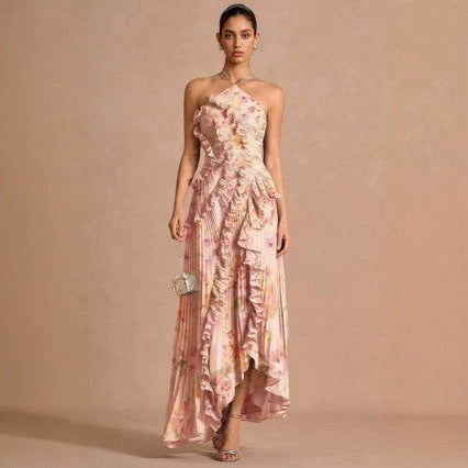 Ruched Ruffle Chiffon Midi Dress