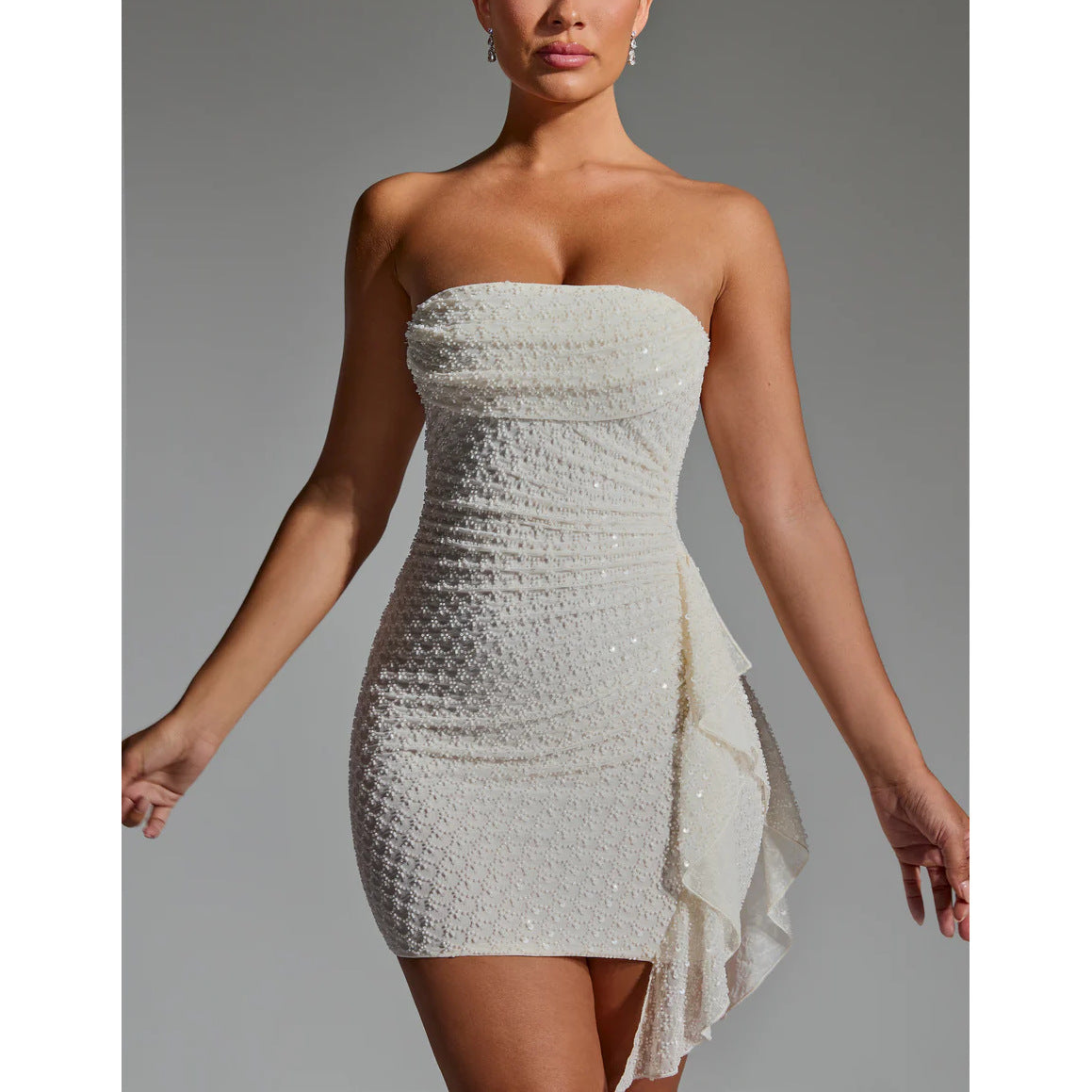 Strapless Open-Back Ruffle Bodycon Dress