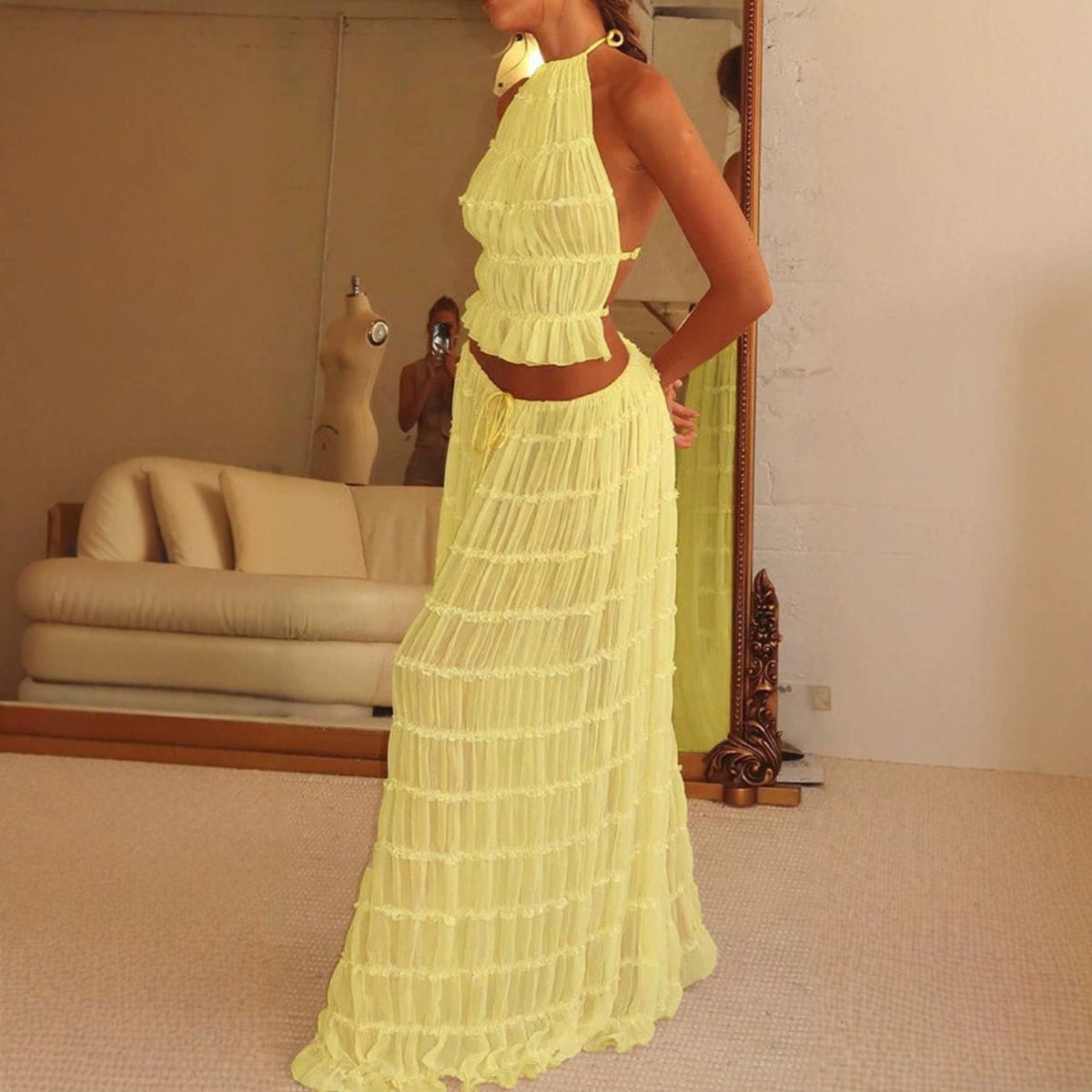 Lace-Trim Halter Top and Maxi Skirt Set