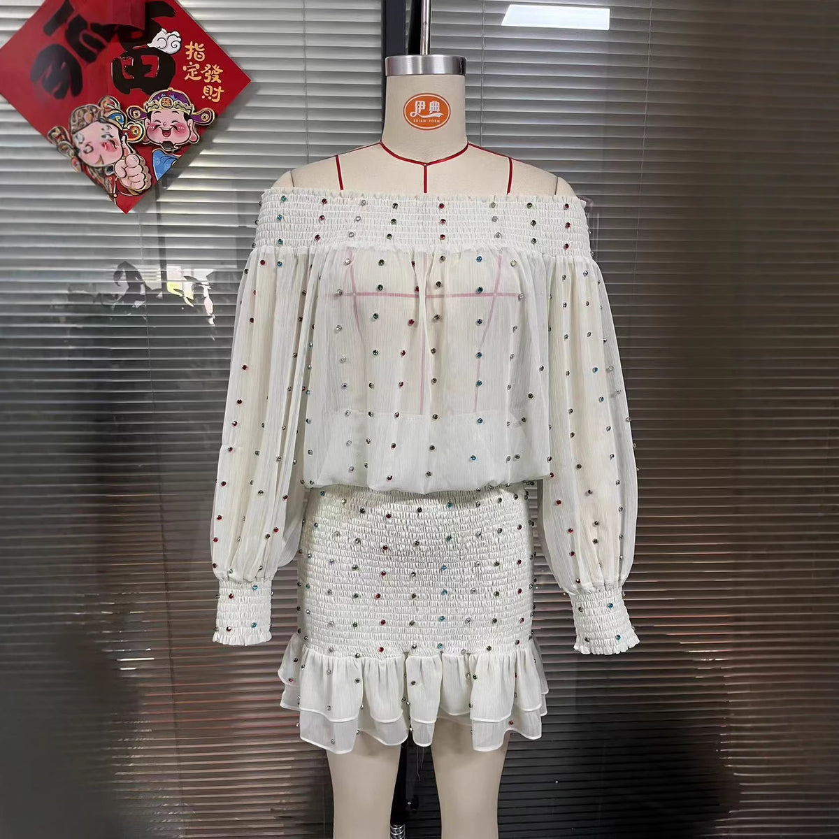 Rhinestone-Detail Long-Sleeve Shirt Mini Dress with Ribbon Ties