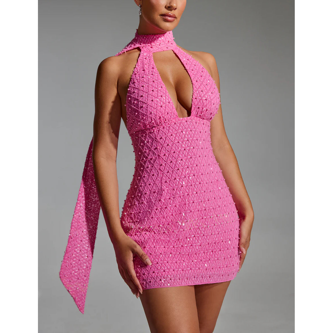 Embellished Halter Mini Dress with Scarf Detail