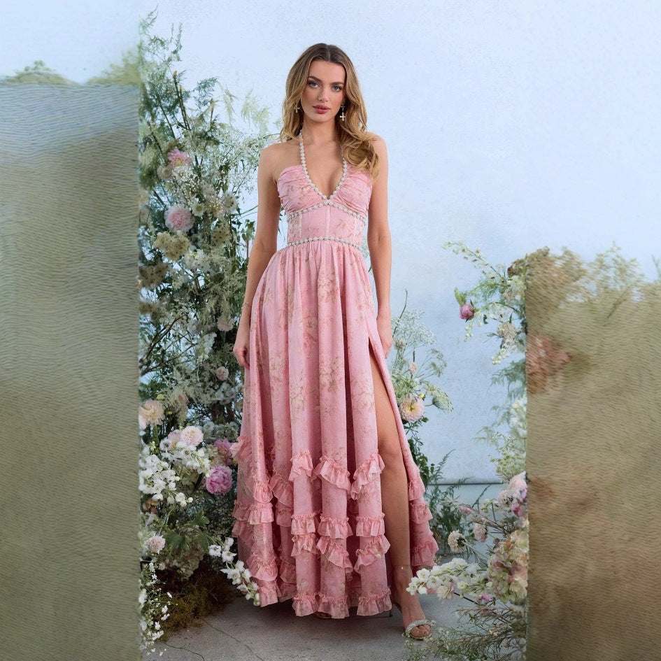 Floral Halter Open-Back Vacation Maxi Dress