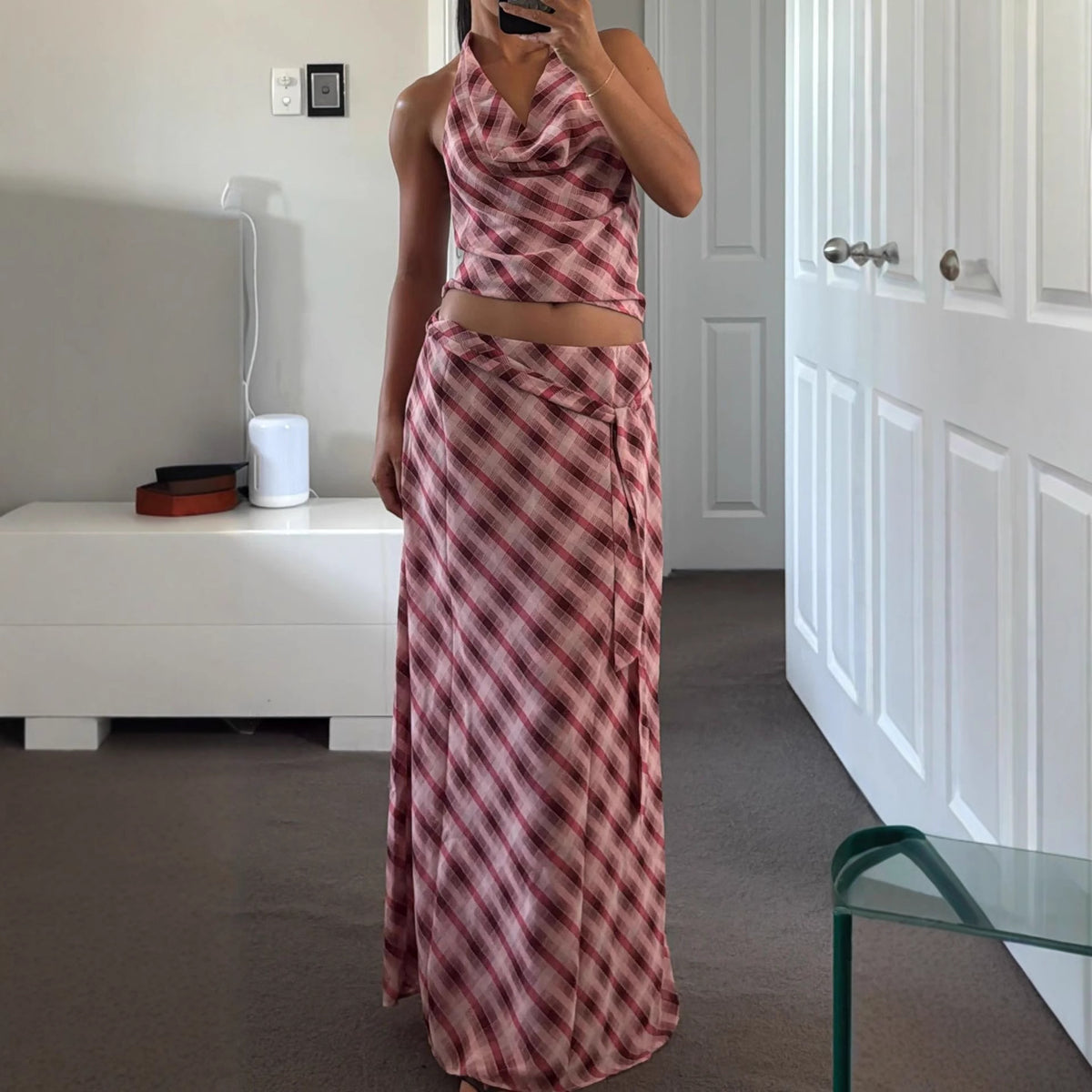 Pink Contrast-Plaid Two-Piece Skirt Set