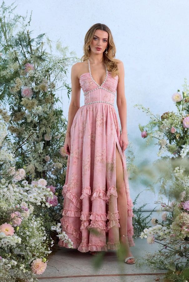 Floral Halter Open-Back Vacation Maxi Dress
