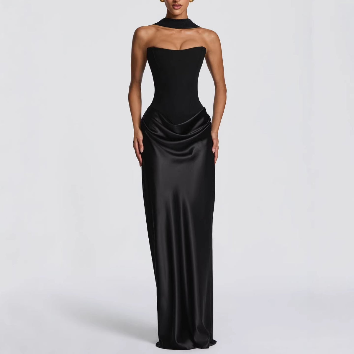 Strapless Ruched Satin Corset Dress with Ribbon Details