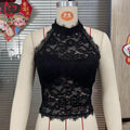 Black High-Neck Halter Eyelash-Lace Corset Top