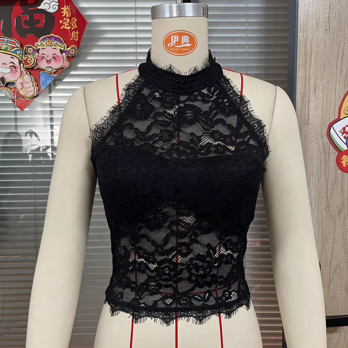 Black High-Neck Halter Eyelash-Lace Corset Top